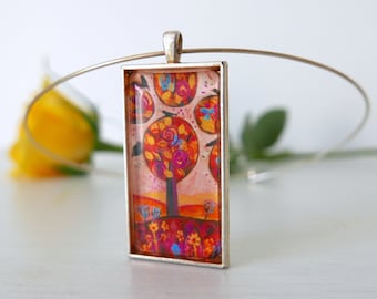 Autumn Tree Pendant Necklace, Handmade Floral Pendant, Burgundy Pendant, Brown Pendant, Naive Art Pendant, Art Jewellery