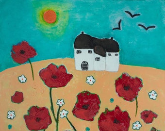 Poppy Painting, Summer Landscape, Naive Art Painting, Countryside Artwork, red Flowers Painting, Yellow Artwork, Nature Painting