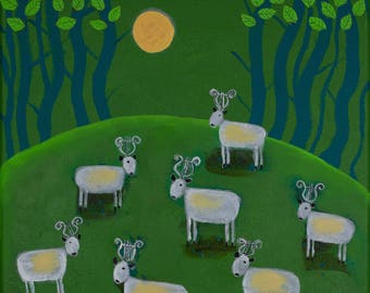Green Painting, Naive Animal Painting, Summer Spring Landscape, Music Art, Animal Art, Countryside, Sheep Artwork, Lyre, Nature Painting
