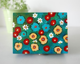Teal Meadow Pattern Trinket Box, Jewelry Storage, Wildflowers Painting, Colourful Naive Artwork