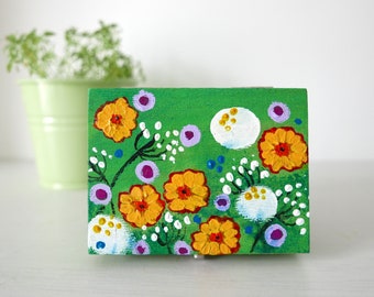 Green Trinket Jewellery Box, Hand-painted Storage, Handmade Gift, Flower Meadow Painting