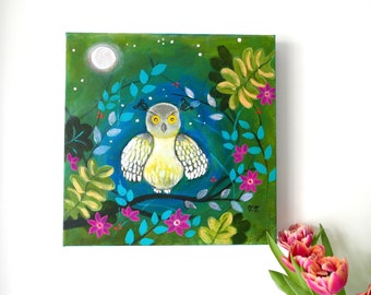 Owl Painting, Folk Art, Bird Illustration, Whimsical Naive Painting, Evening Meadow, Summer Artwork