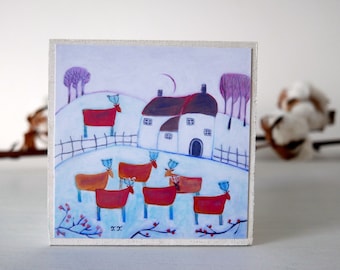 Portagioie bianco, scatola in legno con paesaggio invernale, scatola portaoggetti dal design di cervo, scatola decorativa stravagante