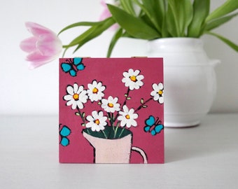 Dusty Pink Wooden Jewellery Box, Pink Trinket Box, Daisy Artwork, White Flowers Painting, Turquoise Butterflies, Floral Pattern Art