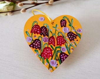 Hand-painted Purple Fritillary  Flowers Yellow Hanging Decoration Heart Painting