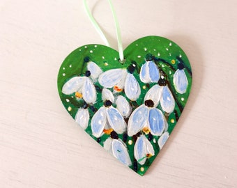 Hand-painted Snowdrops Flowers Green Hanging Decoration Heart Painting