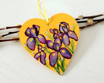 Hanging Heart Yellow Decoration Iris Spring Flowers Hand-painted Acrylic Artwork Painting