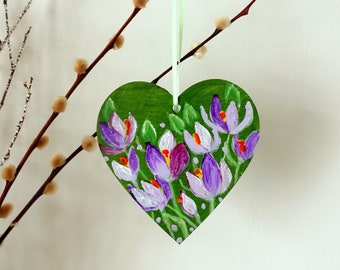 Hand-painted Crocus Purple Flowers Green Hanging Decoration Heart Painting