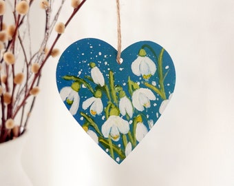 Hand-painted Snowdrops Flowers Teal Hanging Decoration Heart Painting