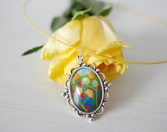 Yellow Floral Pendant Necklace, Meadow Wearable Art Jewellery, Wildflowers Jewelry, Multicoloured Flowers, Handmade, Art Print