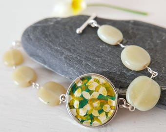 Green Bracelet, Floral Bracelet, Summer Bracelet, Beige Bracelet, Floral Art Bracelet, Lily Bracelet, Floral Jewellery, Art Jewellery