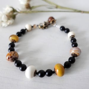 Dark Academia Bracelet with Brown Lampwork Beads and Black Wooden Beads, Brown Black Unisex Bracelet, Asymmetric Jewellery for Her and Him