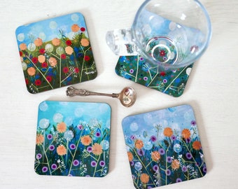 Meadow Mix and Match Coasters Floral Art Artist Paintings Gloss Finish Housewarming Gift Home Decor Tableware