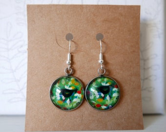 Blackbirds Earrings, Nature Handmade Jewellery, Green Dangle Earrings with Leaf Pattern Art Print, Gift for Her