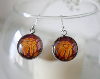 Autumn Flowers Earrings, Floral handmade Jewellery, Orange Dangle Earrings with Flower Art Print, Gift for Her