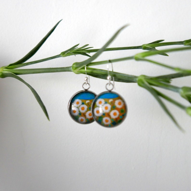 Daisy Flowers Earrings, Floral handmade Jewellery, White and Turquoise Dangle Earrings with Flower Art Print, Gift for Her image 8