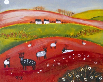 Autumn Original Painting, Landscape Artwork, Naive Sheep Art, Animal Illustration, Folk, Primitive, Autumnal, UK Seller