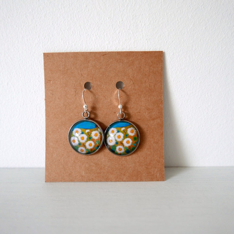 Daisy Flowers Earrings, Floral handmade Jewellery, White and Turquoise Dangle Earrings with Flower Art Print, Gift for Her image 2