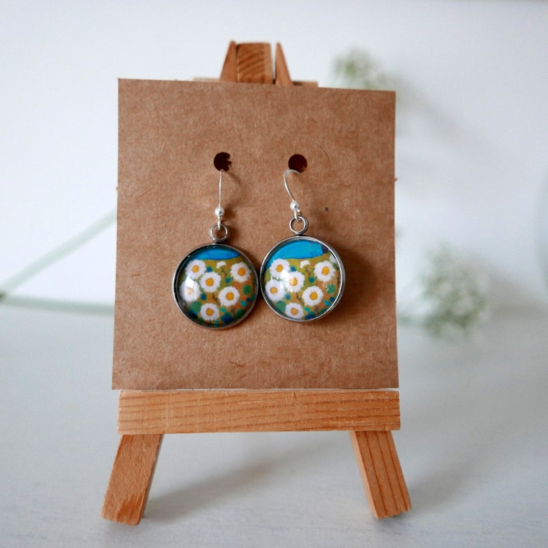 Daisy Flowers Earrings, Floral handmade Jewellery, White and Turquoise Dangle Earrings with Flower Art Print, Gift for Her image 4