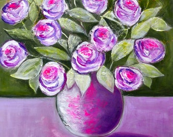 Original Abstract Rose Painting, Purple Flowers Artwork, Contemporary Art, Housewarming, Wedding Gift, Home Decor, Still Life, Expressionism
