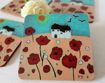 Cottage Coasters set of 4, Poppy Art Coasters, Artist Painting Wooden Coaster, Housewarming Gift, Home Decor Tableware