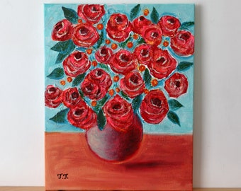 Red Roses Still Life Painting, Abstract Floral Contemporary Artwork, Red Textured Flowers Original Acrylic Painting