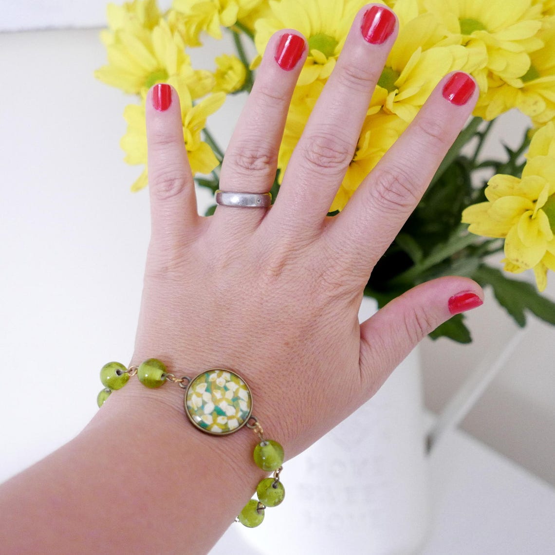 Green Bracelet Glass Bracelet Bronze Bracelet Art Bracelet Etsy