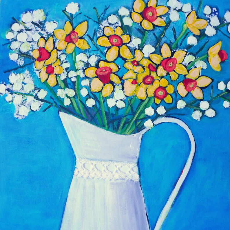 Daffodils Artwork, Still Life Turquoise Painting, Floral Naive Art image 3