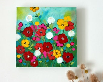 Wildflowers Painting, Folk Art, Anemone Illustration, Whimsical Naive Artwork, Summer Meadow