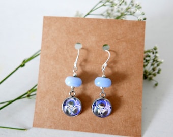 Blue Flowers Earrings, Floral Handmade Elegant Jewellery, Blue Dangle Earrings with Flower Art Print, Gift for Her