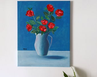 Abstract Red Roses Painting, Flowers Blue Artwork, Contemporary Art, Housewarming, Wedding Gift, Home Decor, Still Life, Expressionism