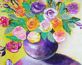 Abstract Rose Painting Yellow Purple Flowers Artwork Contemporary Still Life Art Housewarming Wedding Gift Home Decor