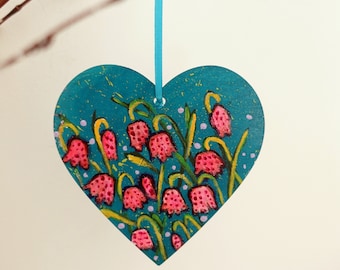 Fritillary Hand-painted Flowers Hanging Decoration Teal Heart Easter Decor Valentine's Housewarming Gift