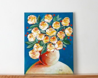 Beige Roses Still Life Painting, Original Acrylic Floral Abstract Art, Orange and Teal Artwork on Canvas for Modern Home