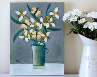 Grey Painting,  Yellow Butterfly, Peruvian Lily, Still Life, Nature Mort, Lily Art, Blue Vase, Green Vase, White Flowers