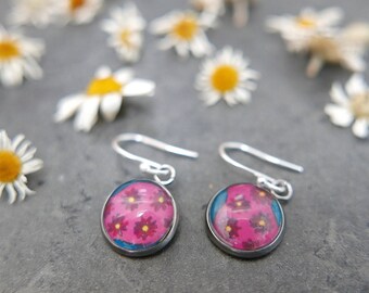 Burgundy Floral Earrings,  Pink Flowers Wearable Art Jewellery, Flower Artwork Jewelry, Handmade in UK, Gift for Her, Valentines