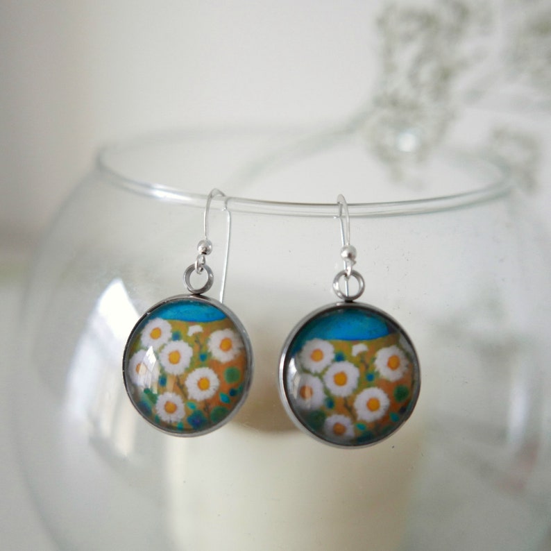 Daisy Flowers Earrings, Floral handmade Jewellery, White and Turquoise Dangle Earrings with Flower Art Print, Gift for Her image 1