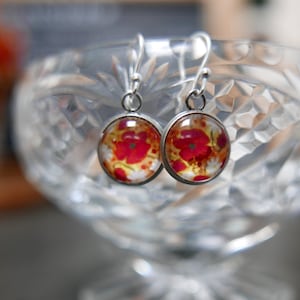 Red Floral Earrings,  Poppy Flowers Wearable Art Jewellery, Flower Artwork Jewelry, Handmade in UK, Gift for Her, Valentine&#39;s