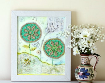 Whimsical Painting, Folk Art, Rustic Style Artwork, Framed Shabby Chic Painting, Doily Art, Mixed Media Painting