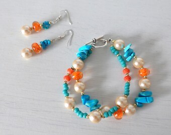 Boho Layered Bracelet and Earrings Set, Turquoise Orange Pearl Jewellery, Handmade in the UK