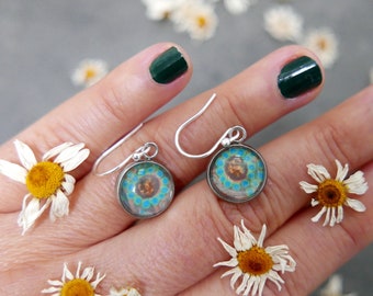 Turquoise Floral Earrings,  Flowers Wearable Art Jewellery, Flower Artwork Jewelry, Handmade in UK, Gift for Her, Evil Eye