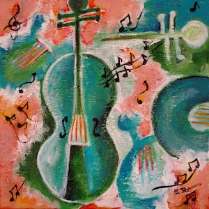 Music Painting, Violin Mixed Media Artwork, Turquoise and Pink Original Painting, Abstract Music Artwork, Contemporary Music Painting
