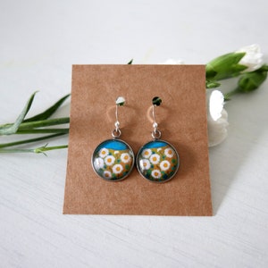 Daisy Flowers Earrings, Floral handmade Jewellery, White and Turquoise Dangle Earrings with Flower Art Print, Gift for Her image 6