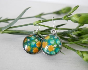 Green Flowers Earrings, Floral Handmade Jewellery, Dandelion Dangle Earrings with Flower Art Print, Gift for Her