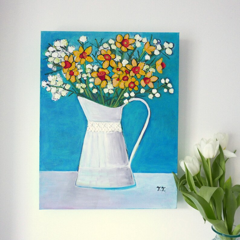 Daffodils Artwork, Still Life Turquoise Painting, Floral Naive Art image 2