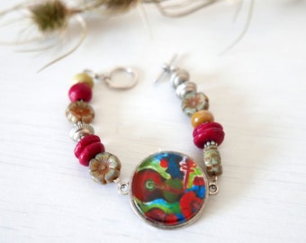 Multicoloured Bracelet with Music Art Pendant, Abstract Violin, Beaded Jewellery, Handmade Jewelry with Czech Glass Beads and Lampwork Beads