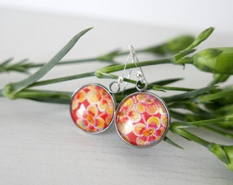 Red Flowers Earrings, Floral handmade Jewellery, Dangle Earrings with Flower Art Print, Gift for Her