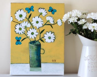 Daisy Painting,  Yellow Artwork, Floral Painting, Turquoise Butterfly, White Flowers Painting, Still Life, Nature Mort, Daisies Art