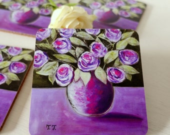 Flowers Coaster Tableware Floral Cottage Style Purple Roses