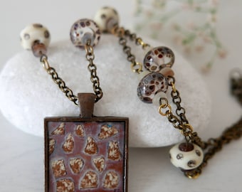 Brown Pendant Necklace, Brown Pendant, Brown Long Necklace, Brown Lampwork Beads Jewellery, Abstract Art Pendant, Square Pendant,